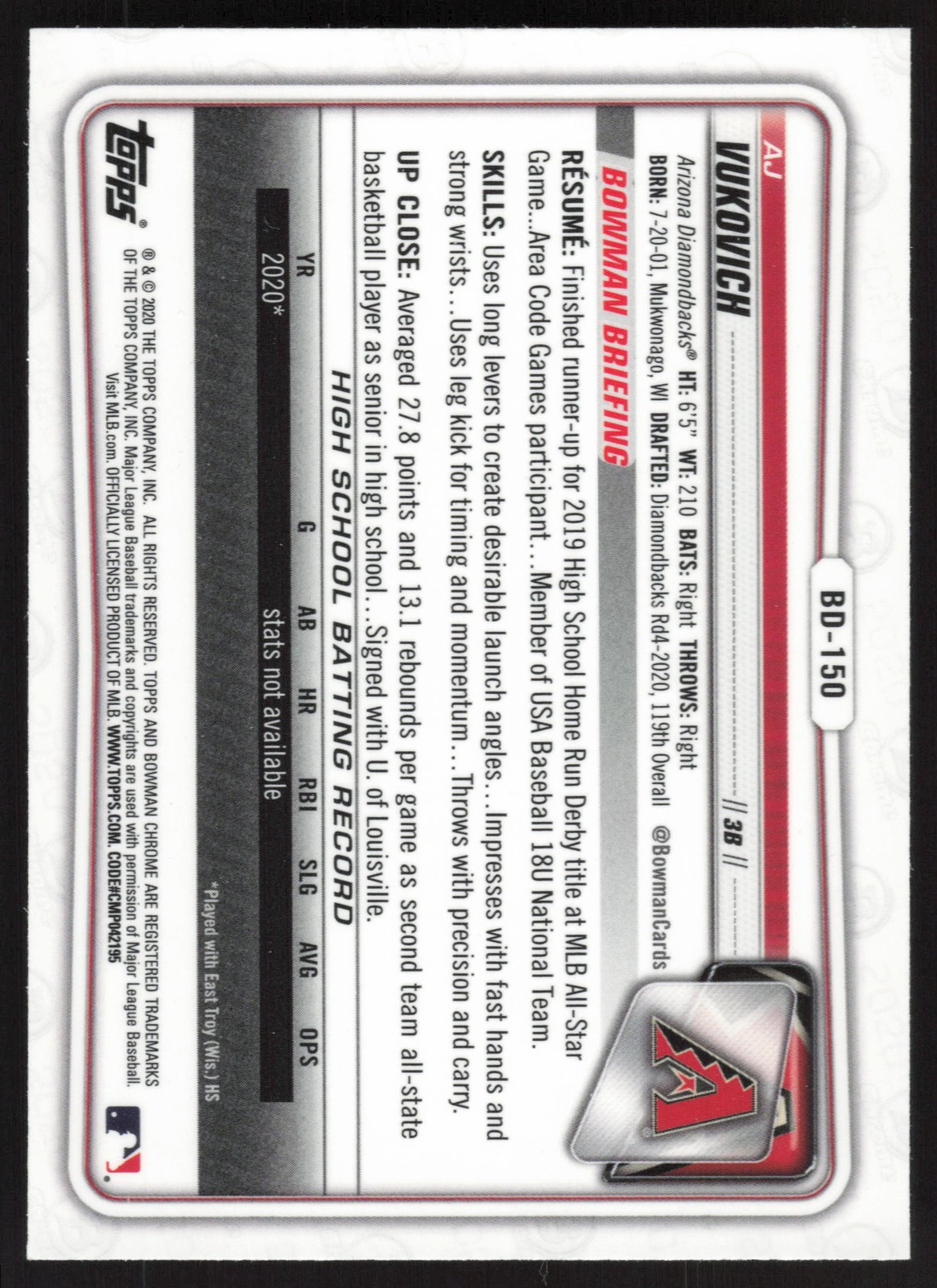 2020 Bowman Draft #BD-150 AJ Vukovich Chrome