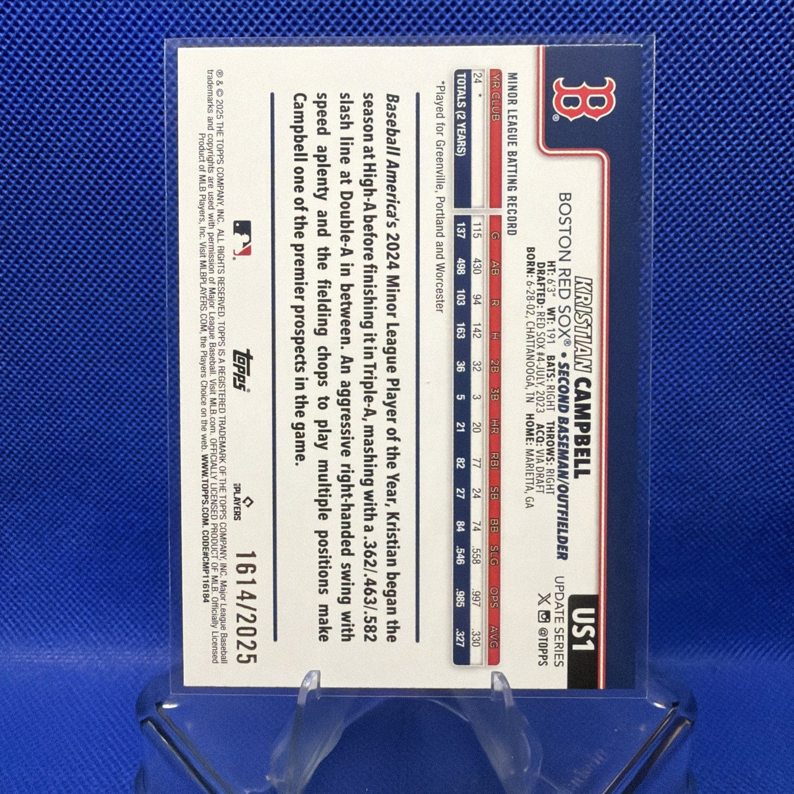 2025 Topps Update Kristian Campbell RC /2025 Gold Border #US1 Red Sox Rookie E82