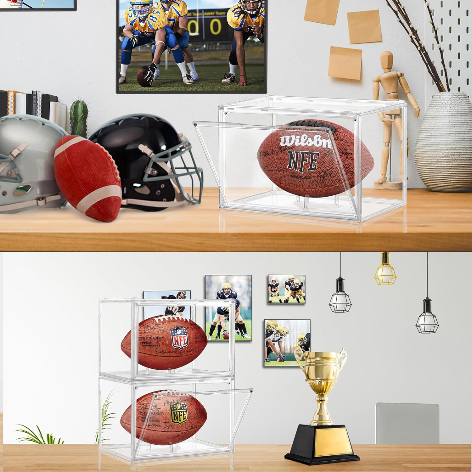 2 Pack Acrylic Football Display Case Full Size Magnetic Door UV Protection