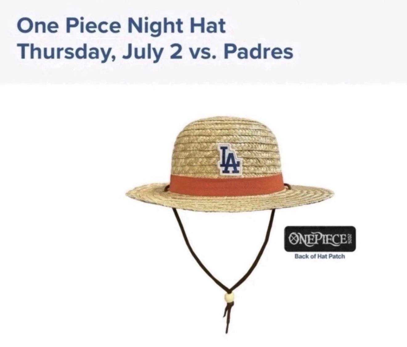 Los Angeles Dodgers One Piece Monkey D. Luffy Straw Hat SGA 7/2/2026 IN-HAND NEW