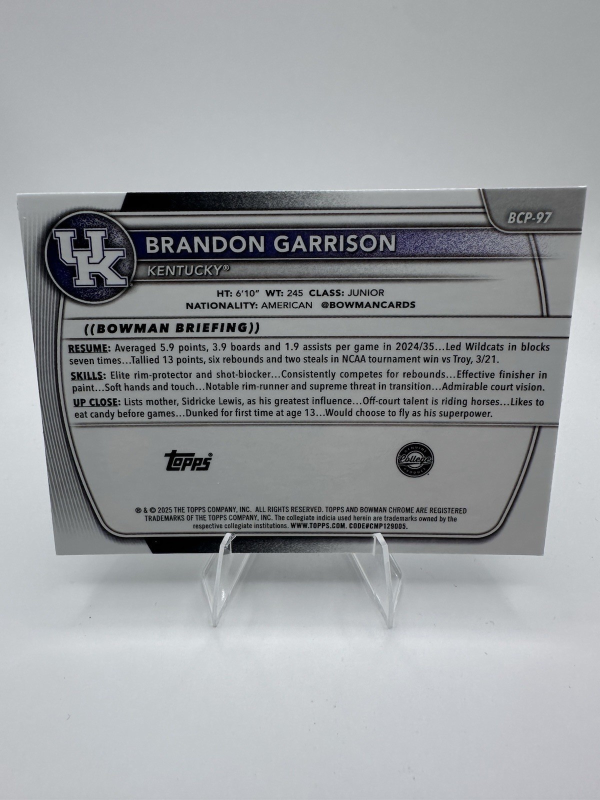 Brandon Garrison Navy Mojo Refractor /175 #BCP-97 25-26 Bowman Chrome – Kentucky