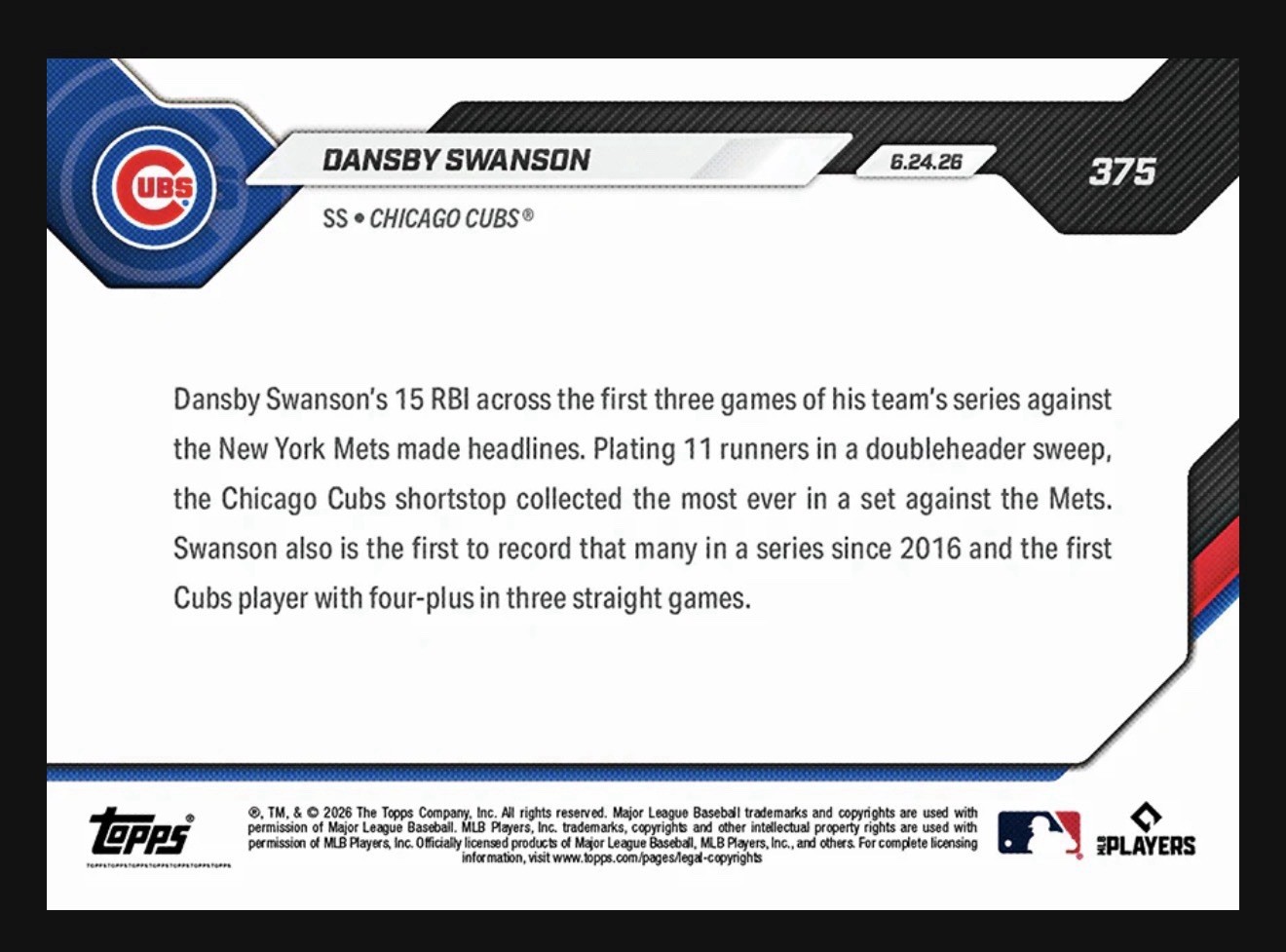 Dansby Swanson – 2026 MLB Topps NOW® – Card 375 – Presale!!