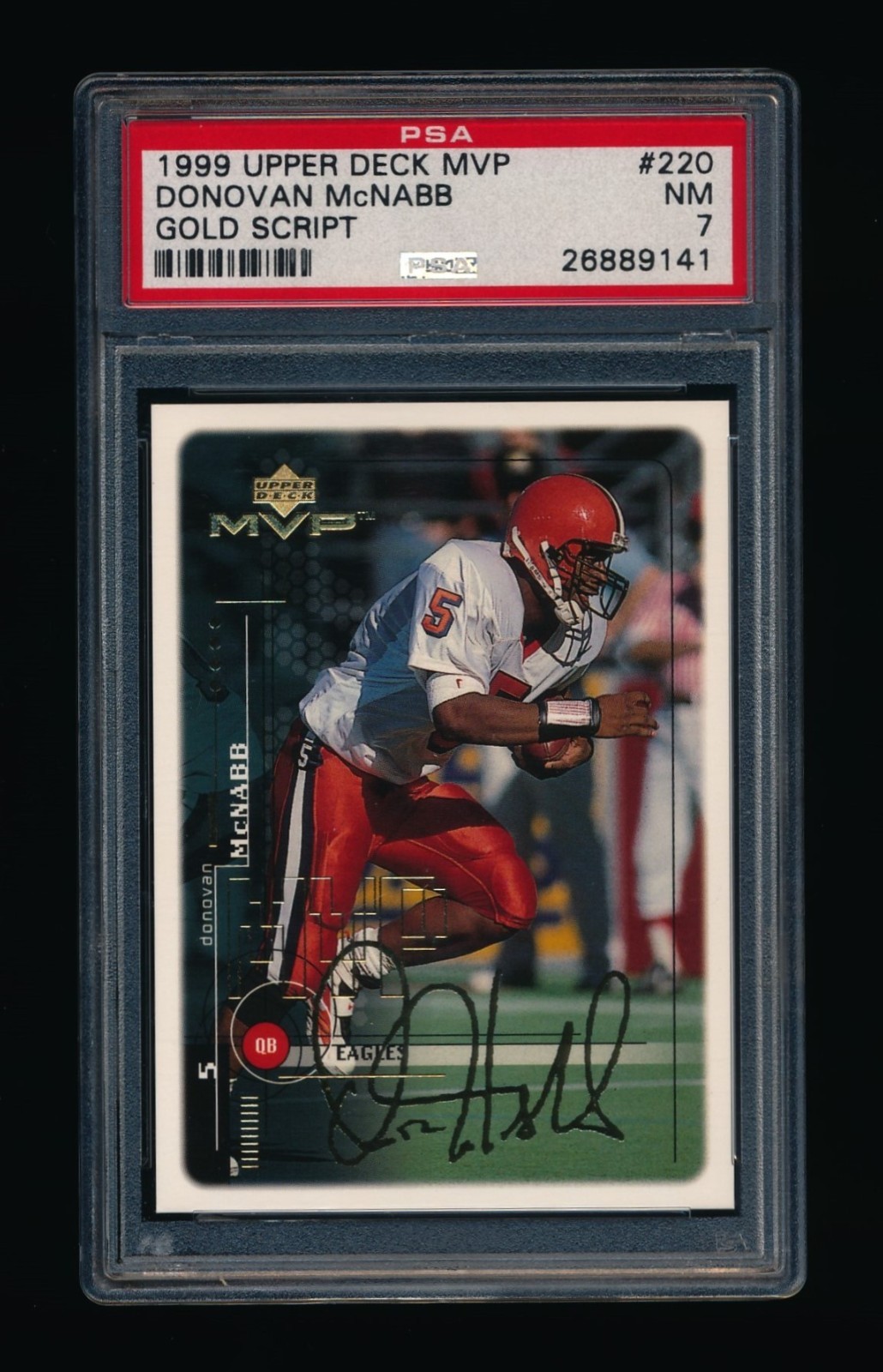1999 Upper Deck MVP #220 Donovan McNabb Rookie Gold Script Jersey # 5/100 PSA 7