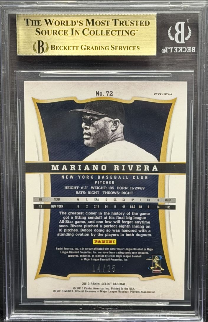 MARIANO RIVERA 2013 SELECT BASEBALL GOLD PRIZM YANKEES /25 BGS 9.5 POP 1 Q5775
