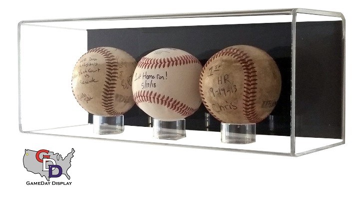 ACRYLIC THREE 3 Triple MLB BASEBALL DISPLAY case Wall Mounting UV Protecting A