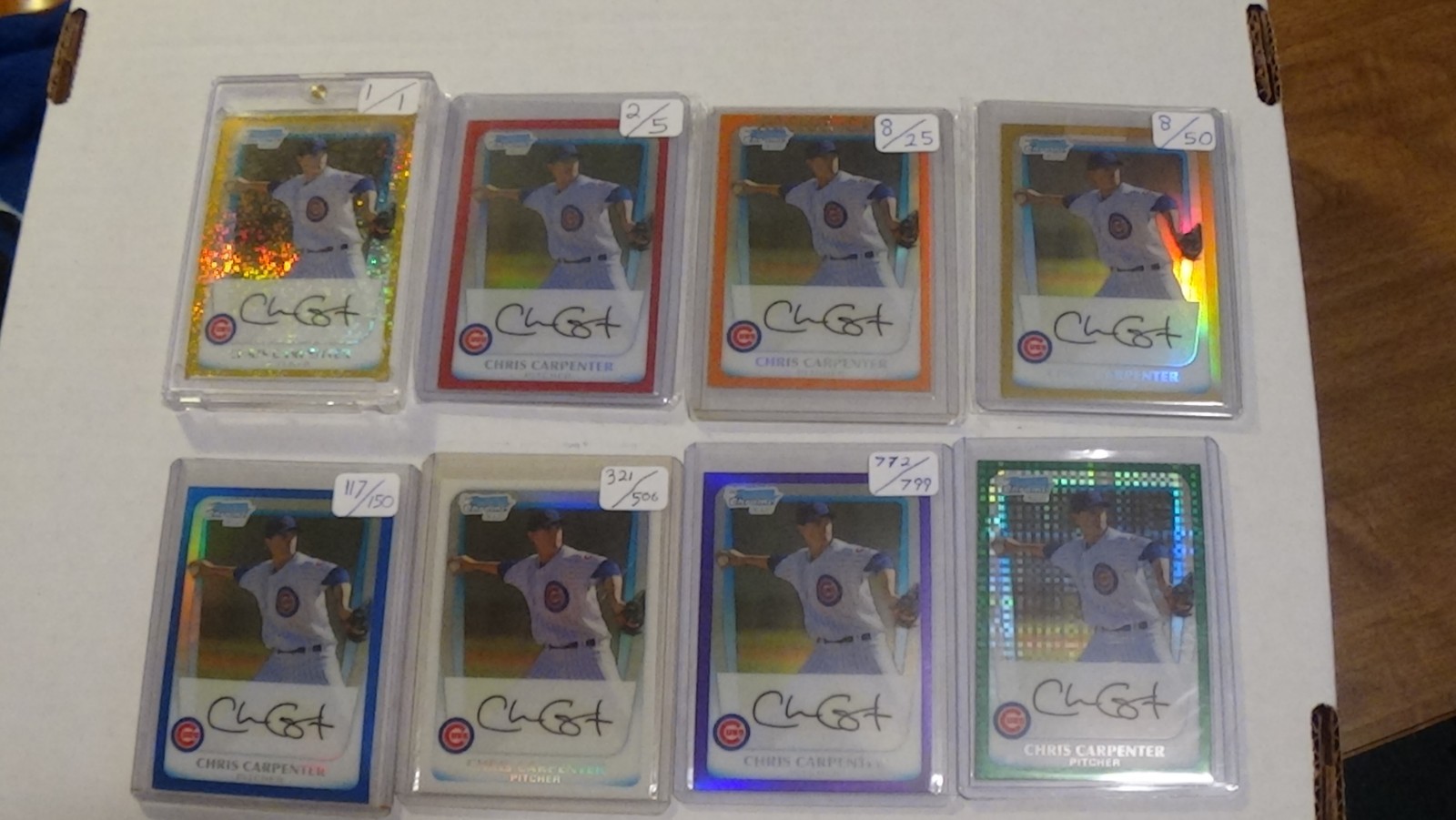 2011 CHRIS CARPENTER RC BOWMAN 8 CARDS SER #D # 1/1 OF 5/25/50/150/500/799 MADE