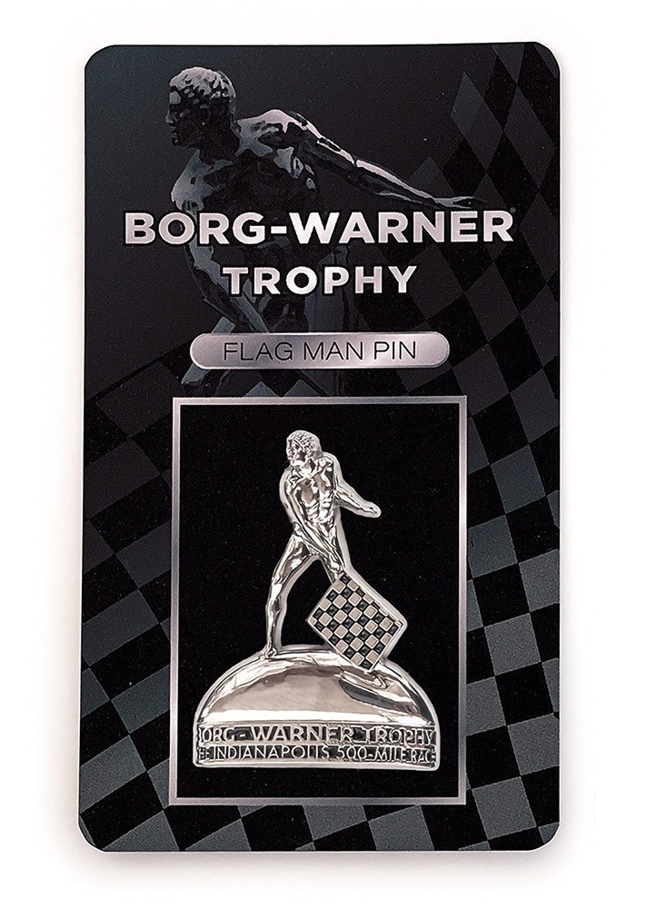 Borg-Warner Trophy Indy 500 Flag Man Pin Polished Nickel Collector Lapel Pin