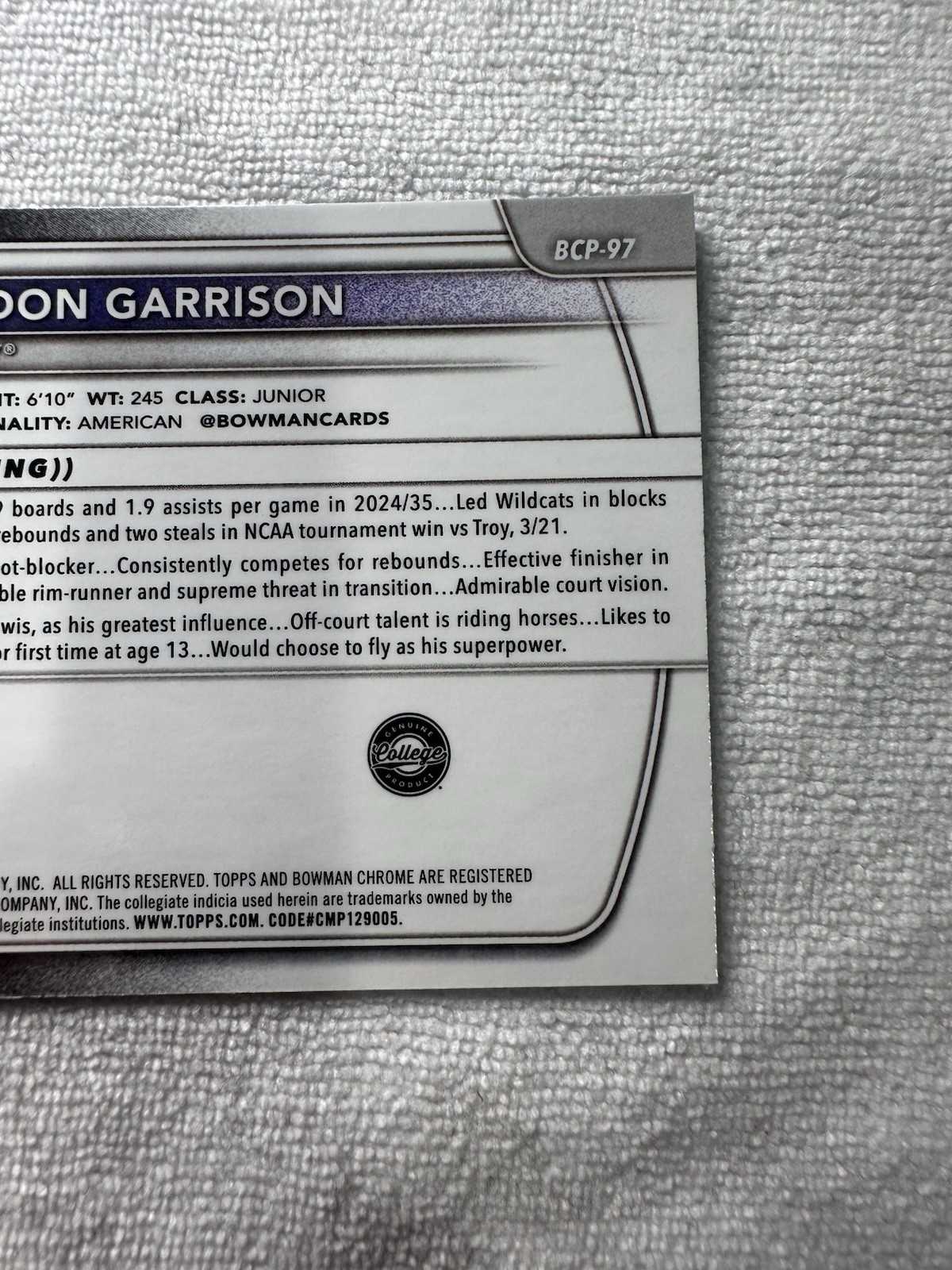 Brandon Garrison Navy Mojo Refractor /175 #BCP-97 25-26 Bowman Chrome – Kentucky