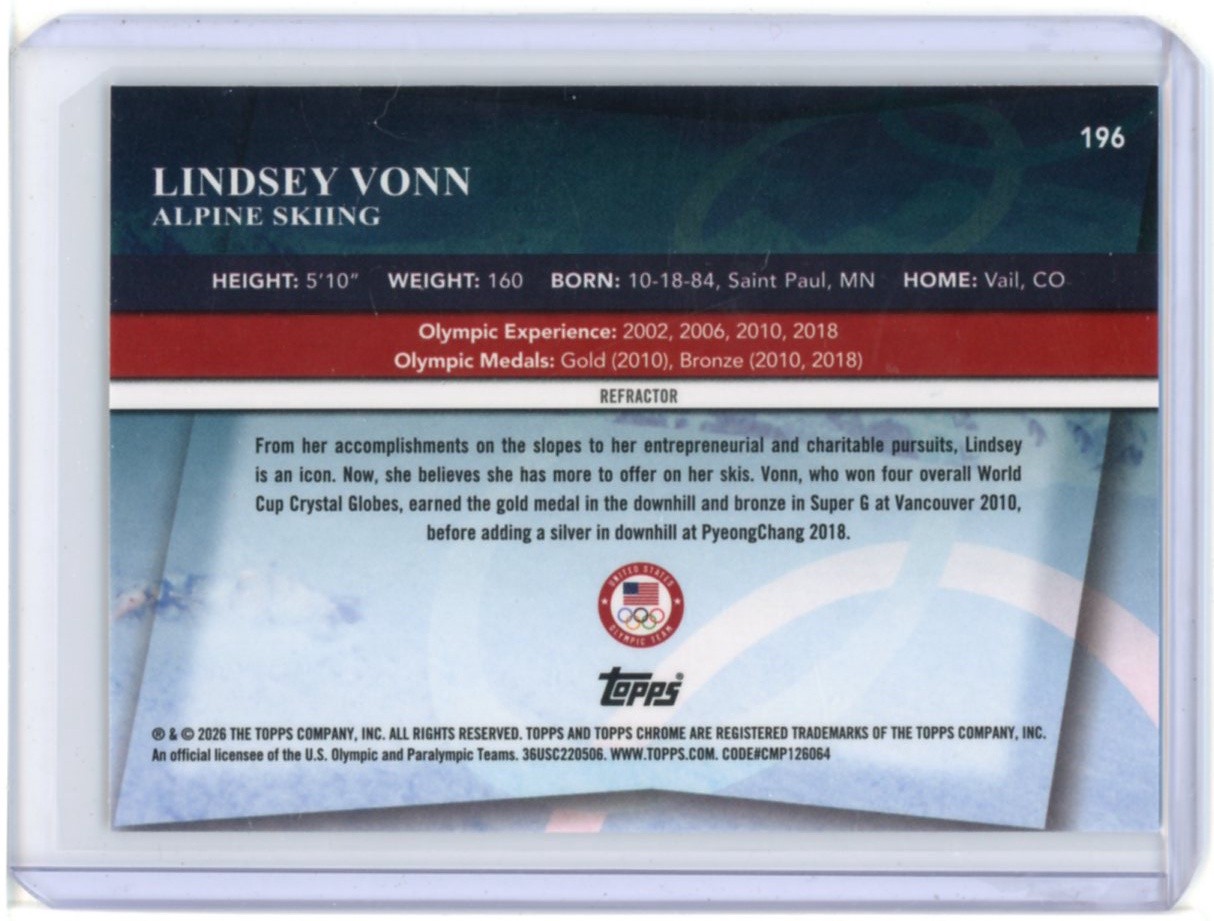 2026 TOPPS CHROME WINTER OLYMPICS REFRACTOR LINDSEY VONN #196