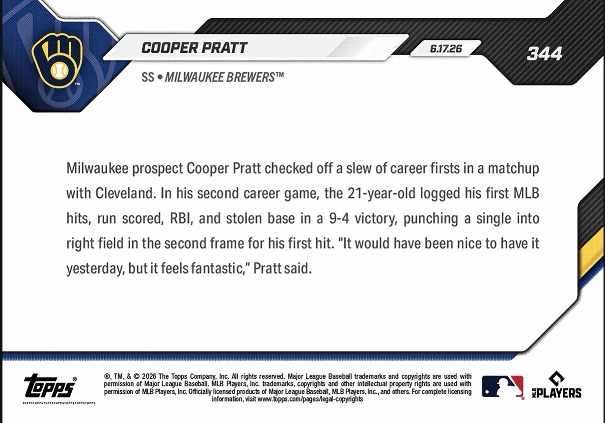 Cooper Pratt 2026 MLB Topps NOW Card 344 Presale MILWAUKEE BREWERS