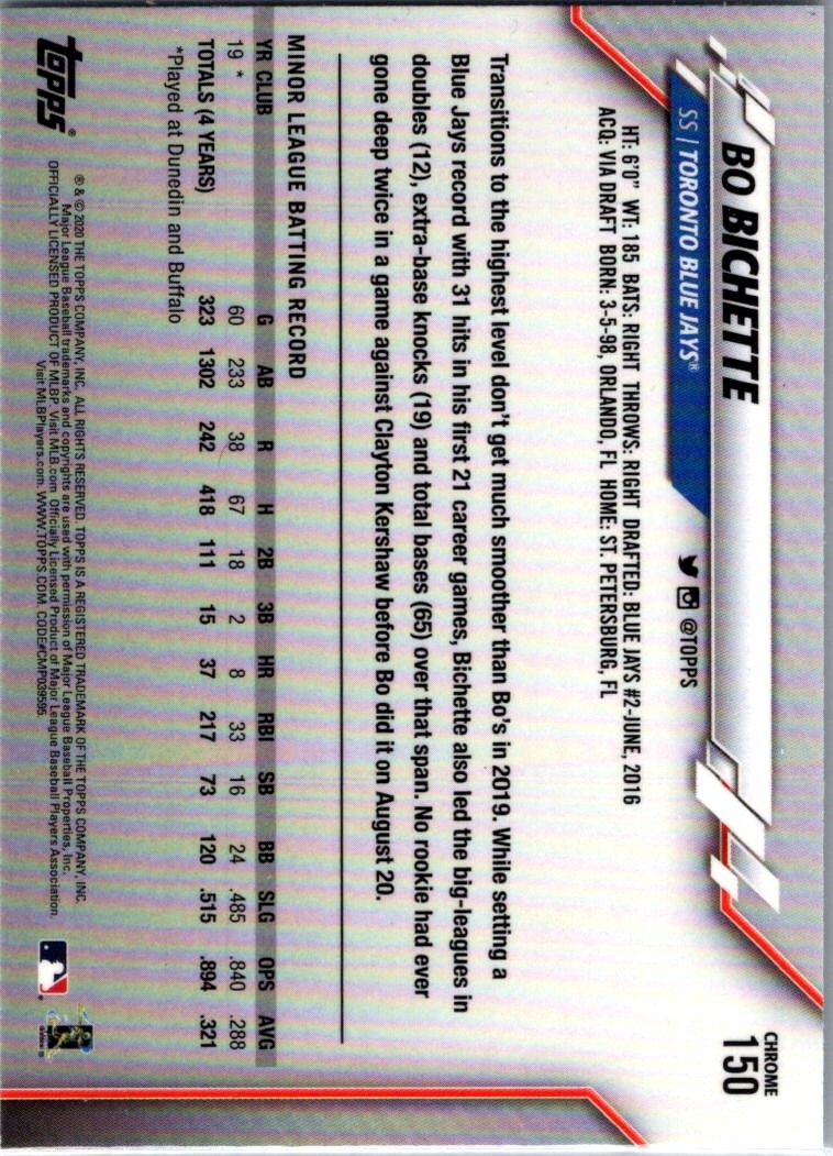 2020 Topps Chrome Bo Bichette #150 RC Rookie Toronto Blue Jays