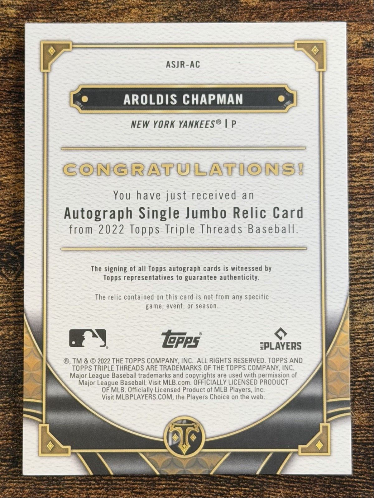 Topps 2022 Triple Threads Aroldis Chapman Auto Jumbo Relic Emerald /50 ASJR-AC