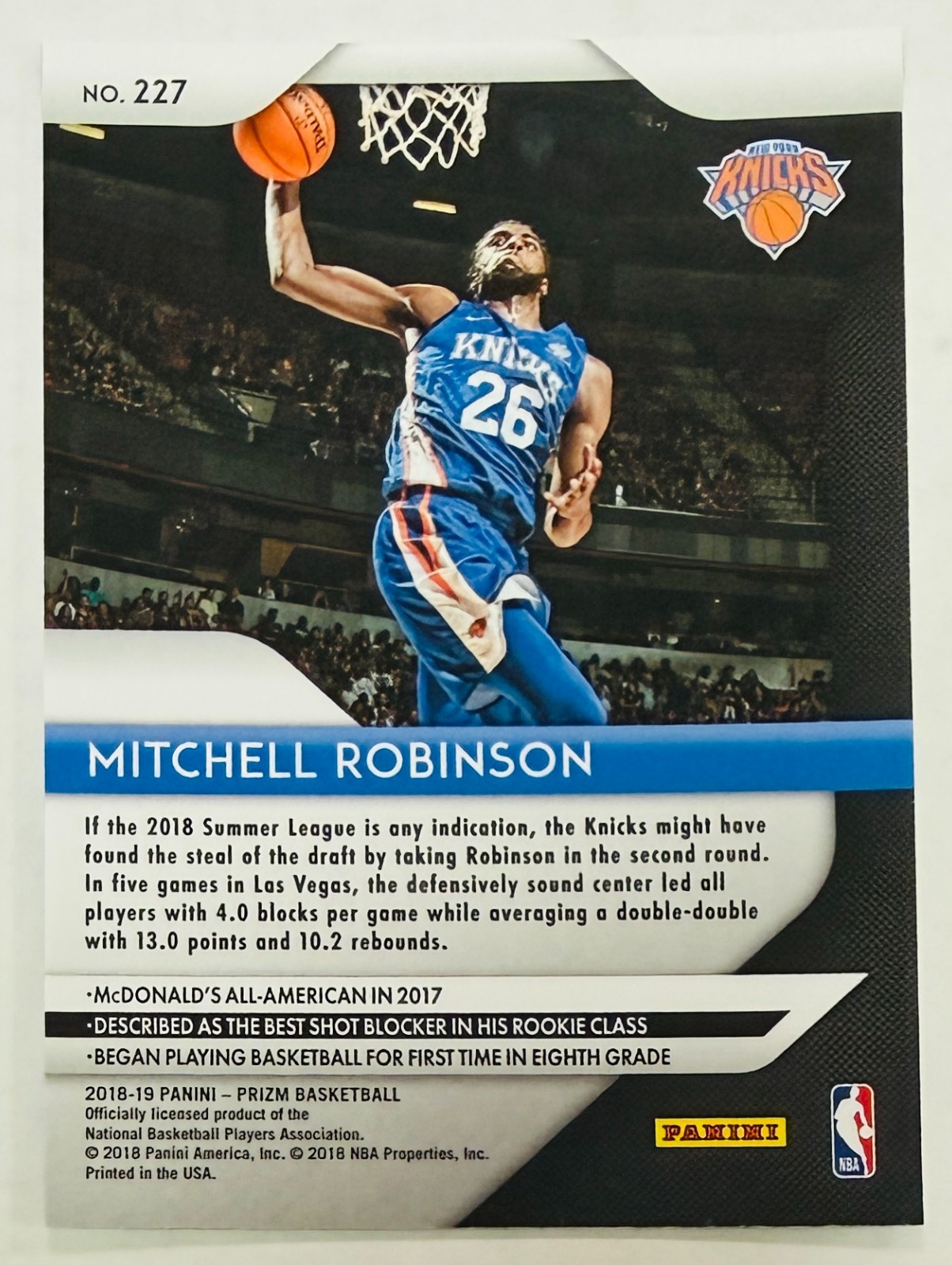 2018-19 Panini Prizm Mitchell Robinson Rookie Card New York Knicks #227 RC