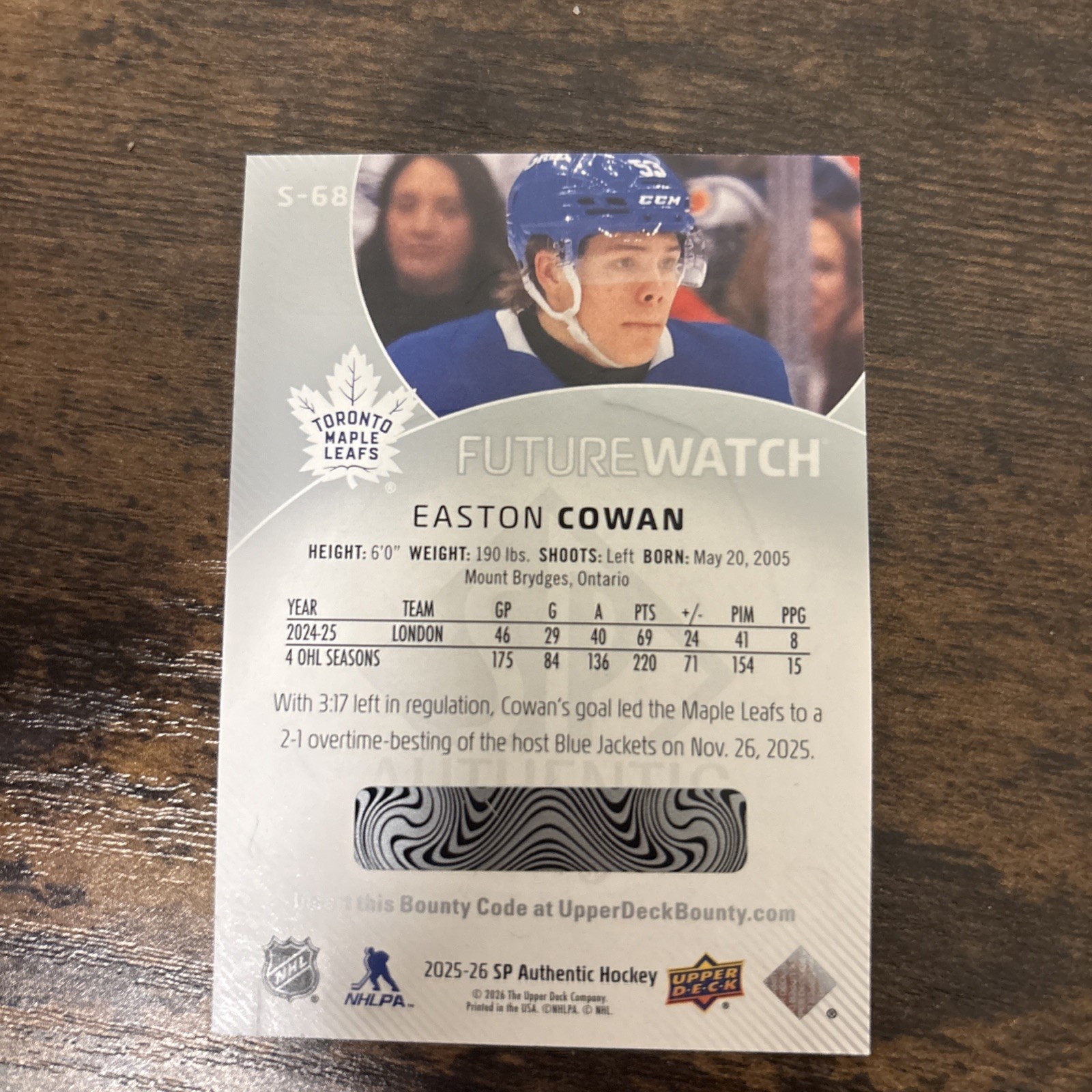 2025-26 UPPER DECK SP AUTHENTIC EASTON COWAN FUTURE WATCH LEVEL 2 SPECTRUM FX