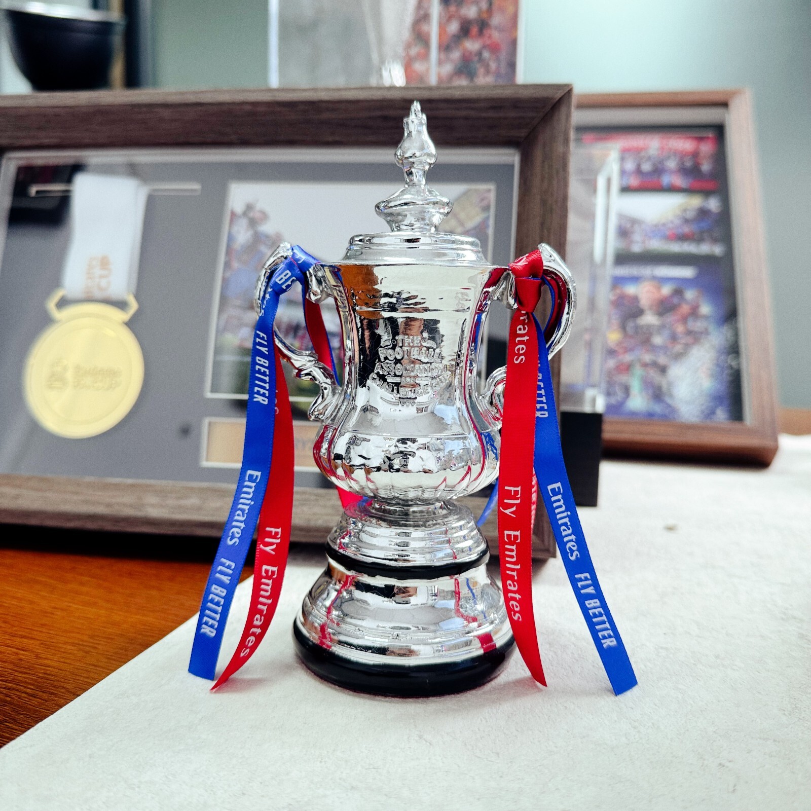 FA Cup Trophy Resin Replica Trophy 16cm Height With Red & Blue Ribbon