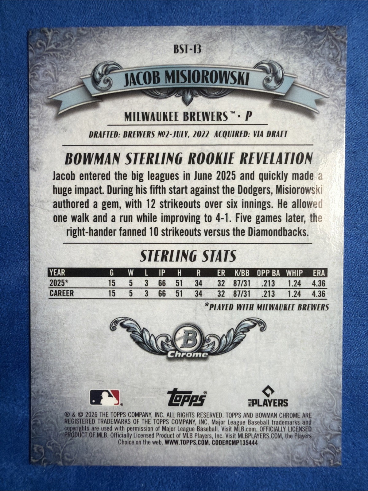 2026 Bowman Chrome Sterling – Jacob Misiorowski #BST-13 (RC)