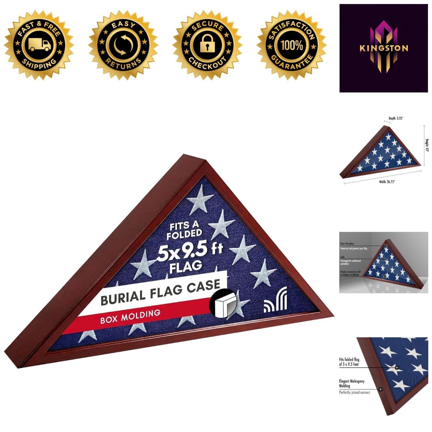 Triangular Flag Case – Elegant Mahogany Display for 5×9.5′ Memorial Flags