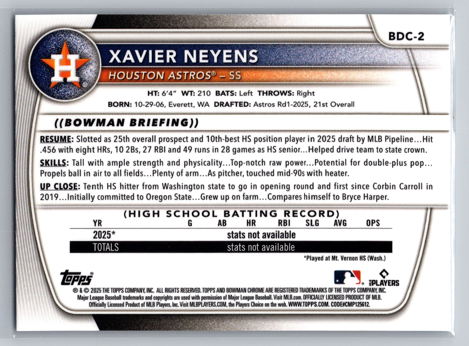 Xavier Neyens SKY BLUE Refractor 1st 2025 Bowman Draft #BDC-2 Houston Astros