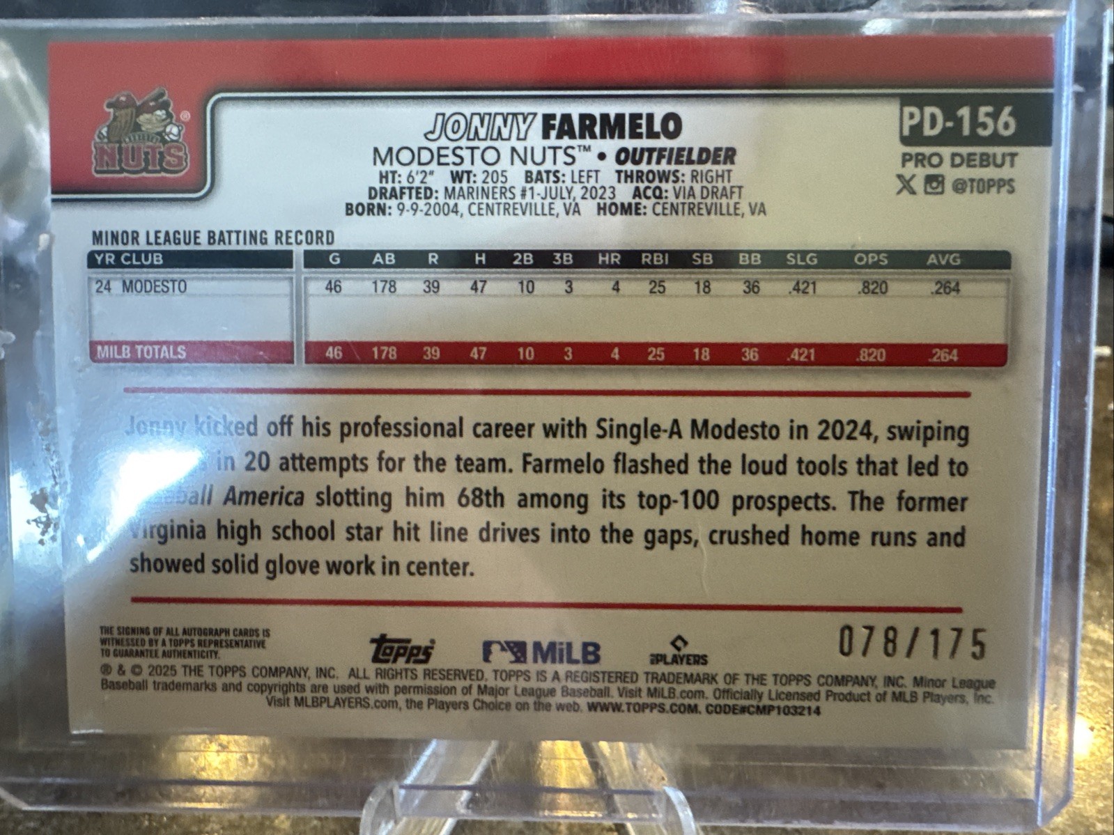 2025 Topps Pro Debut – Jonny Farmelo #PD-156 Sparkle Foil Auto /175 (AU, RC)