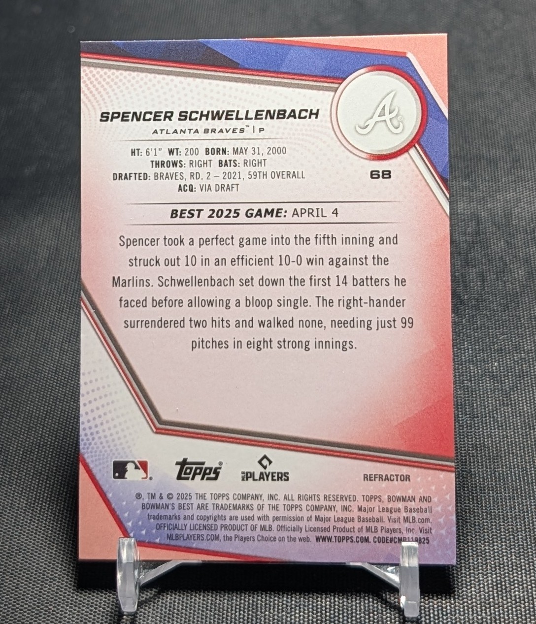 Spencer Schwellenbach Chrome Refractor Rookie 2025 Bowman’s Best Card #68 Braves