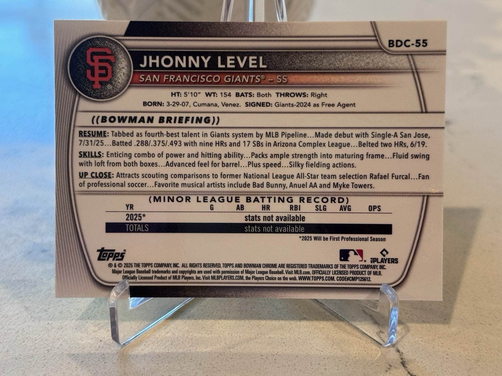 2025 Bowman- Chrome Draft Sapphire- Giants Jhonny Level Yellow /75