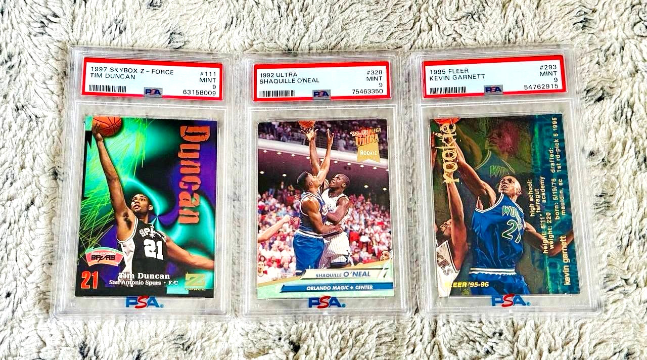SHAQ 1992 ULTRA TIM DUNCAN 1997 SKYBOX KEVIN GARNETT 1995 FLEER ROOKIES RC PSA 9
