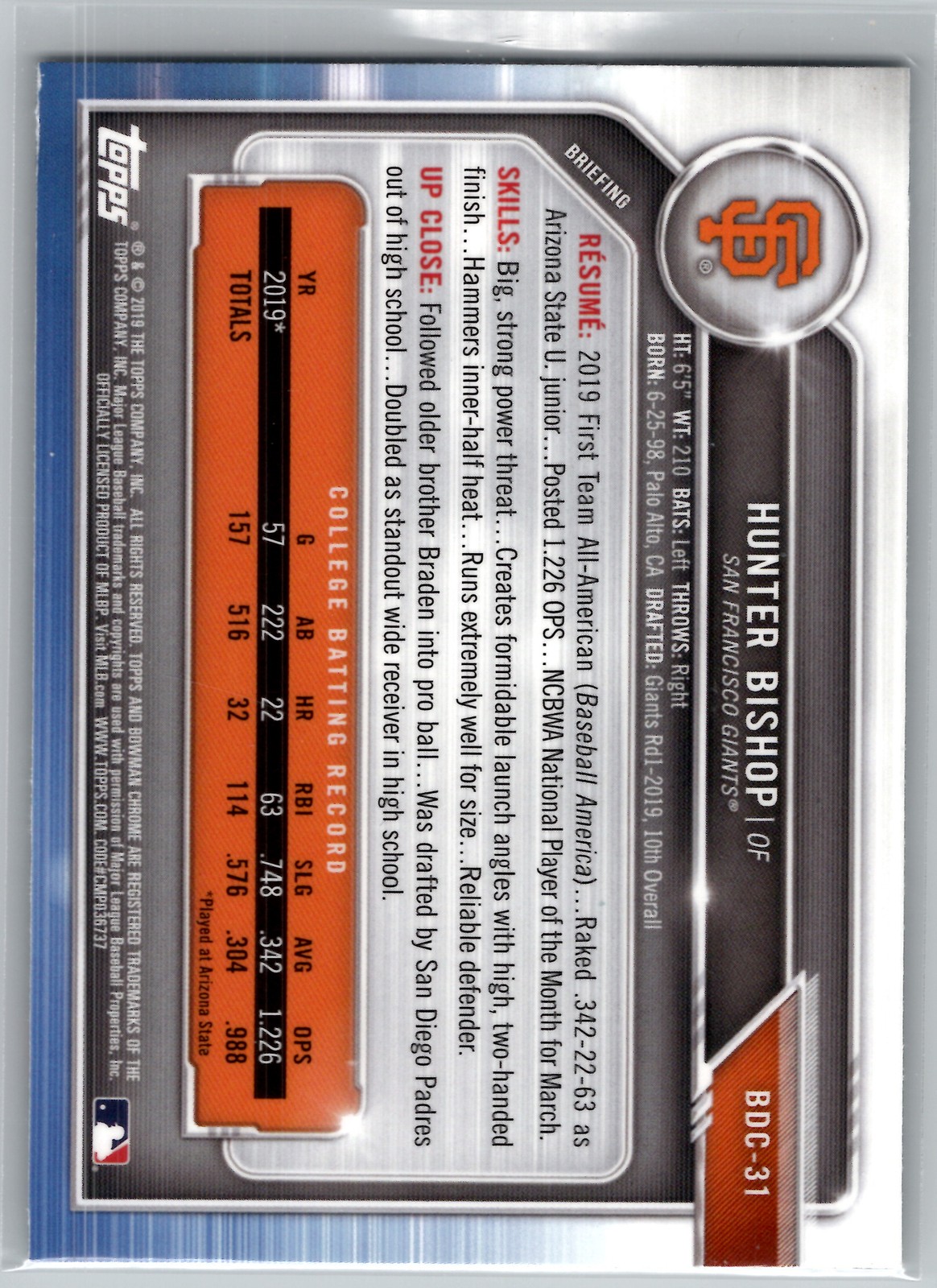 2019 Bowman Chrome First Hunter Bishop Hunter Bishop of #BDC-31