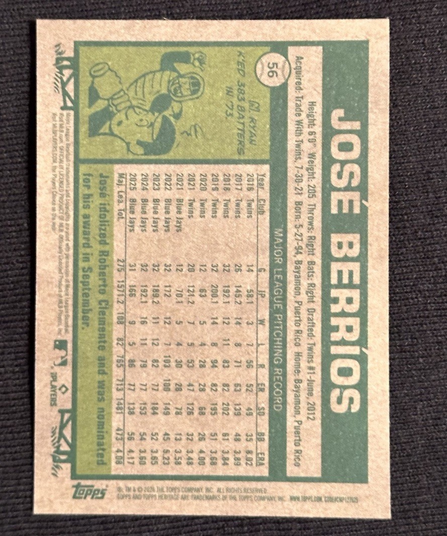 2023 Topps Heritage Green Parallel José Berríos #56 /99 Blue Jays