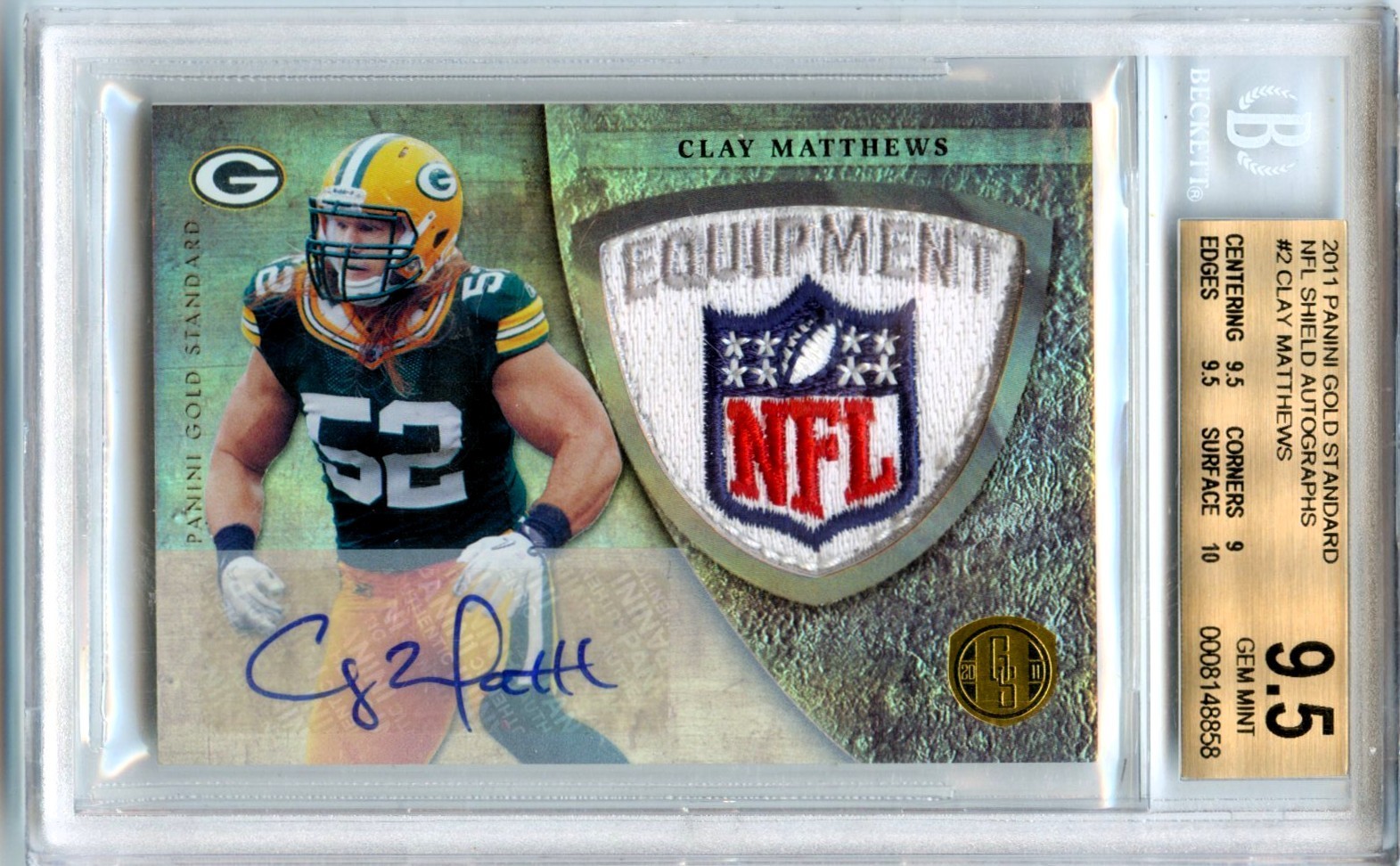 CLAY MATTHEWS 2011 GOLD STANDARD GAME USED NFL SHIELD PATCH AUTO SP 1/1 BGS 9.5