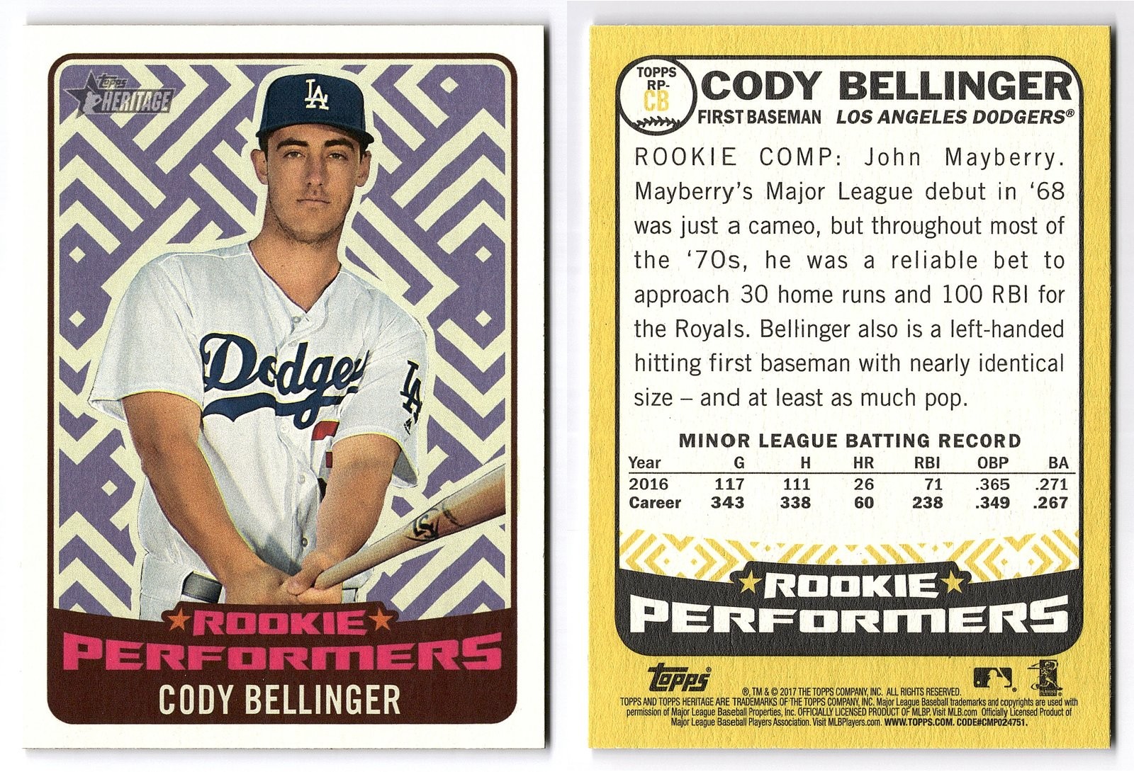 2017 Topps Heritage #RP-CB Cody Bellinger Rookie Performers RC Dodgers
