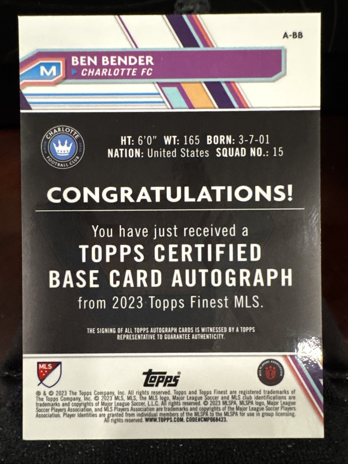 Ben Bender 2023 Topps Finest MLS RC Auto
