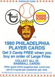 1980 Phillies Burger King Topps Baseball Card #NNO Checklist Card TP
