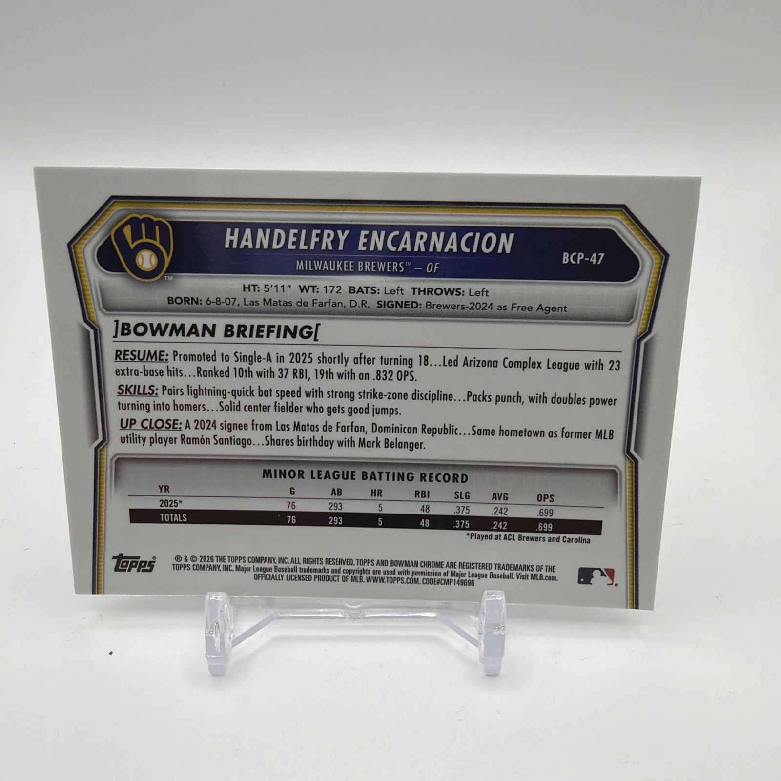 Handelfry Encarnacion 1st Chrome Mojo Refractor 2026 Bowman Card #BCP-47 Brewers
