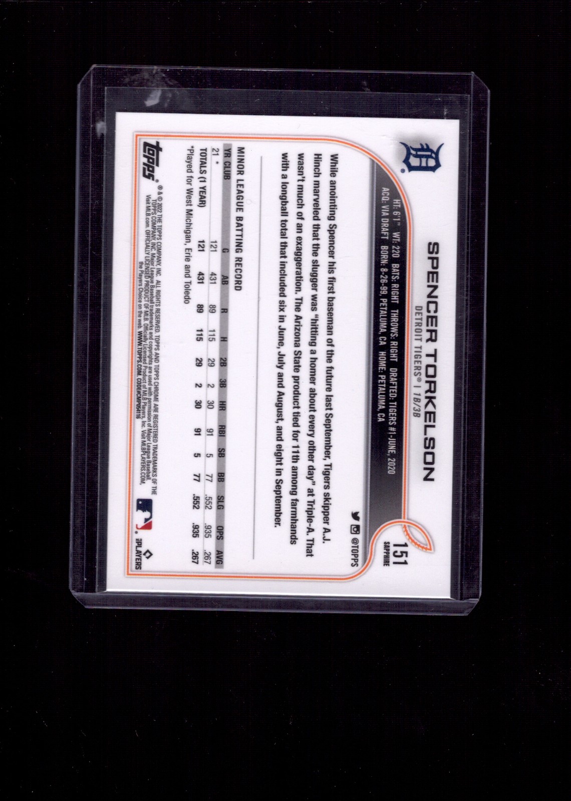 2022 Topps Chrome Sapphire Edition #151 Spencer Torkelson