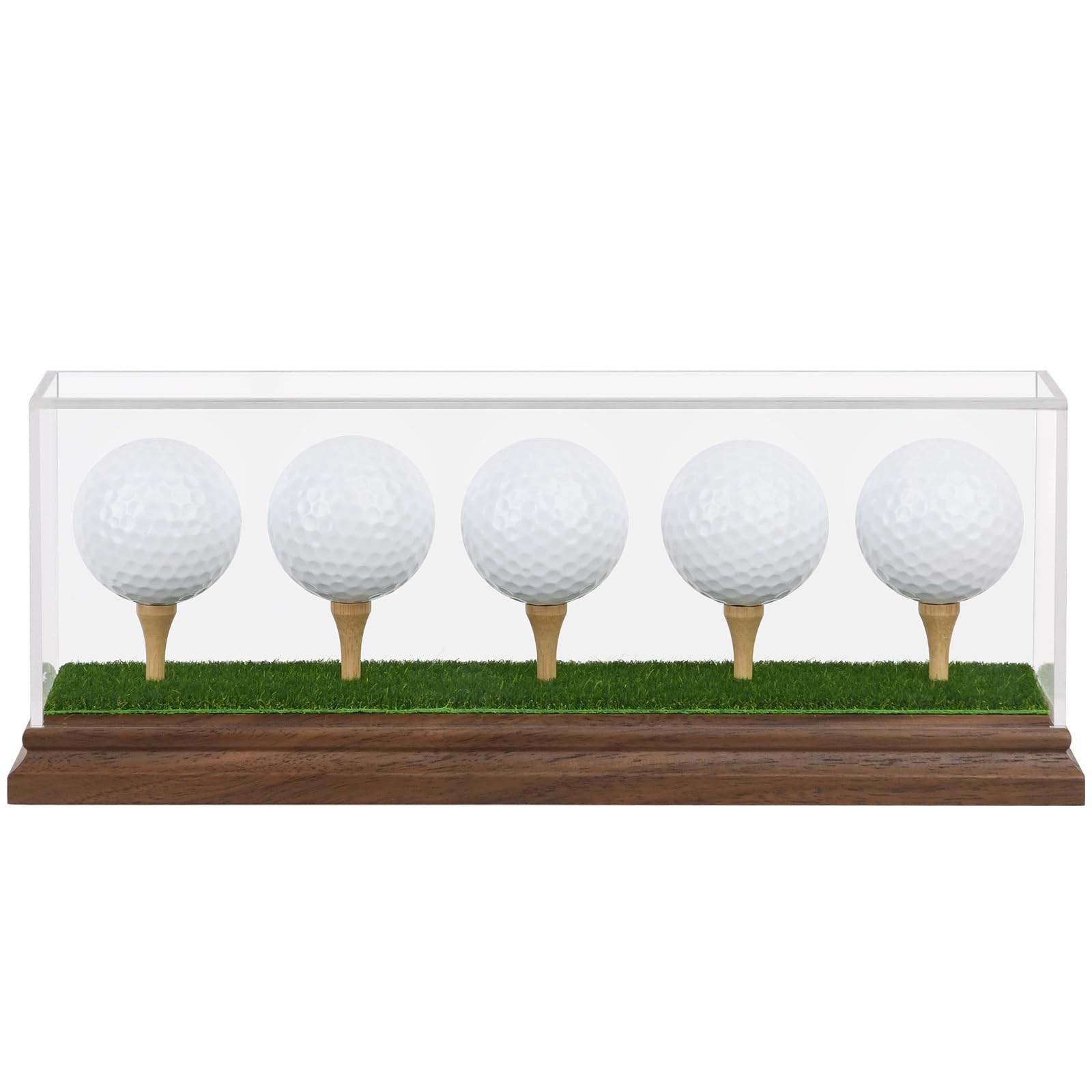 Acrylic 5 Golf Ball Display Case Walnut Wood Base UV Protection Stand Holder