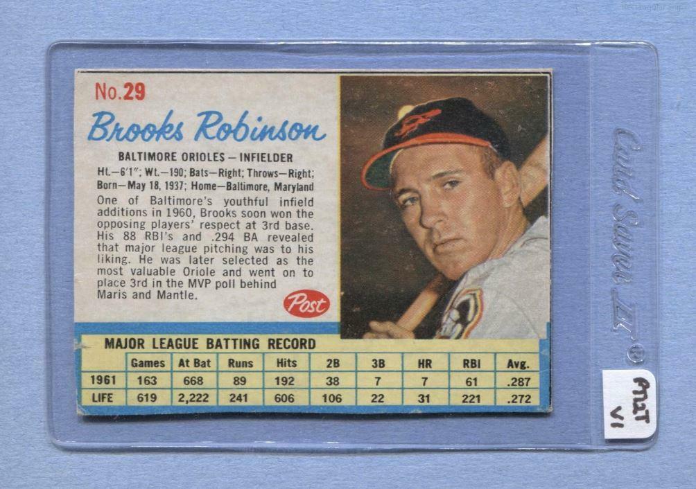 1962 Post #29 Brooks Robinson (Orioles) (PT12-Top) Vg-Ex (Flat Rate Ship)