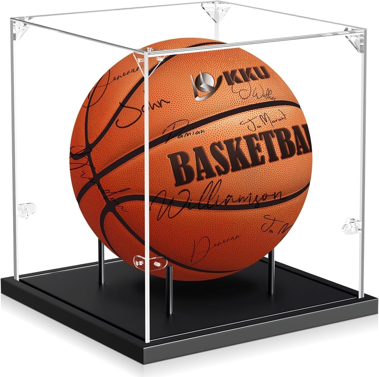 Tabletop Basketball Display Case: Black Acrylic with Wooden Base – Quick Setup
