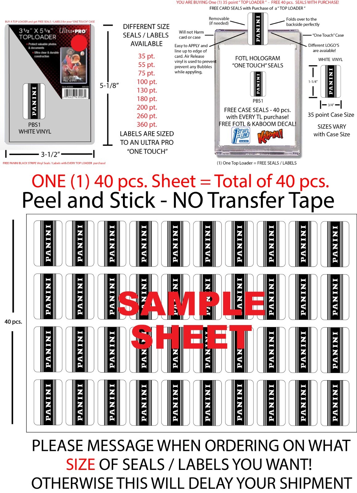 ONE TOUCH STICKERS 35 pt. FREE PANINI BLACK STRIPE PANINI CARDS LABELS PANINI