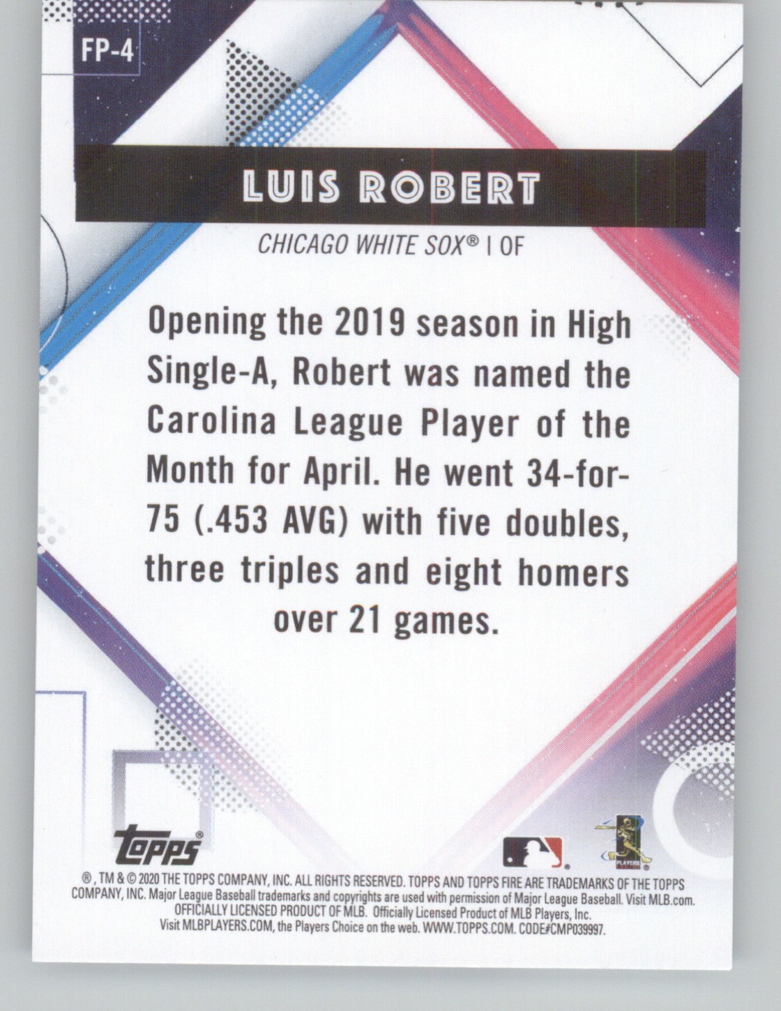 2020 Topps Chrome #FP-4 Luis Robert Topps Fire NBCD Preview