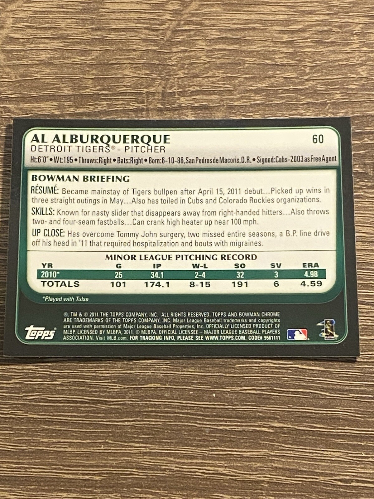 2011 Bowman Chrome Draft Al Alburquerque RC #60 Detroit Tigers