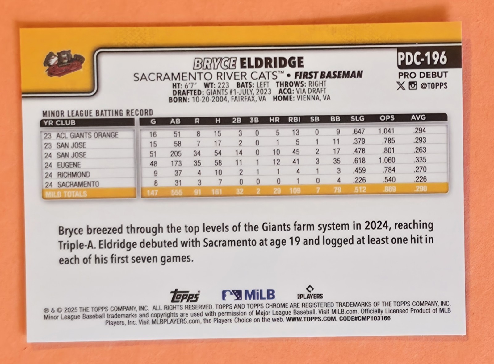 Bryce Eldridge 2025 Topps Chrome Pro Debut Prospect Card #PDC-196