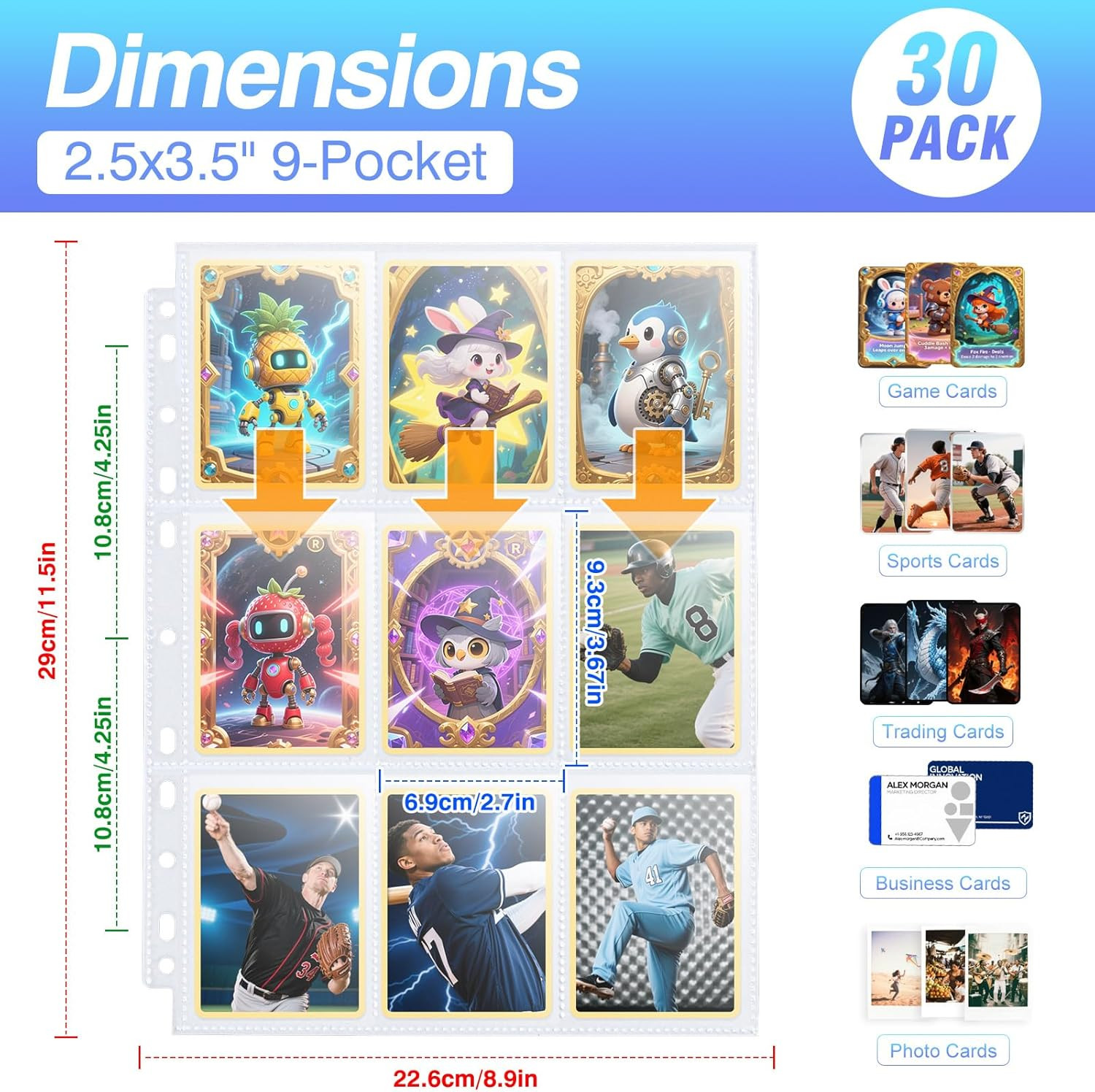 30 Pack 540 Pocket Binder Pages – Double-Sided 9 Pocket Trading Card Sleeves