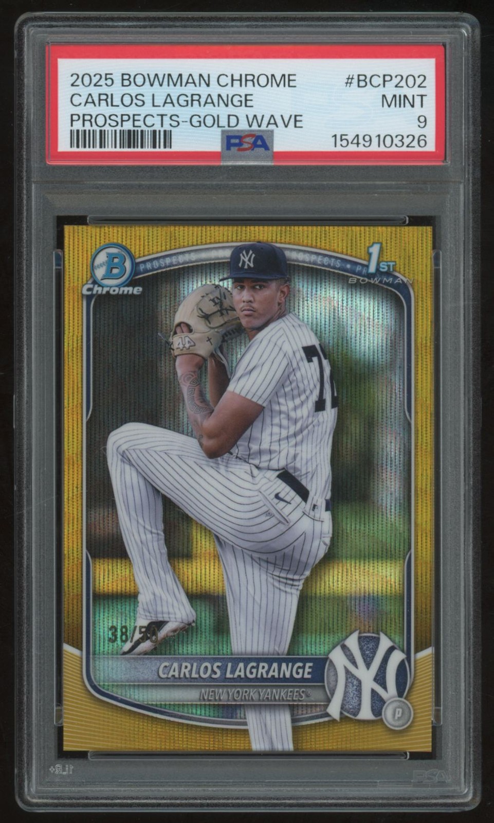CARLOS LAGRANGE 2025 BOWMAN CHROME PROSPECTS #BCP-202 GOLD REFRACTOR /50 PSA 9