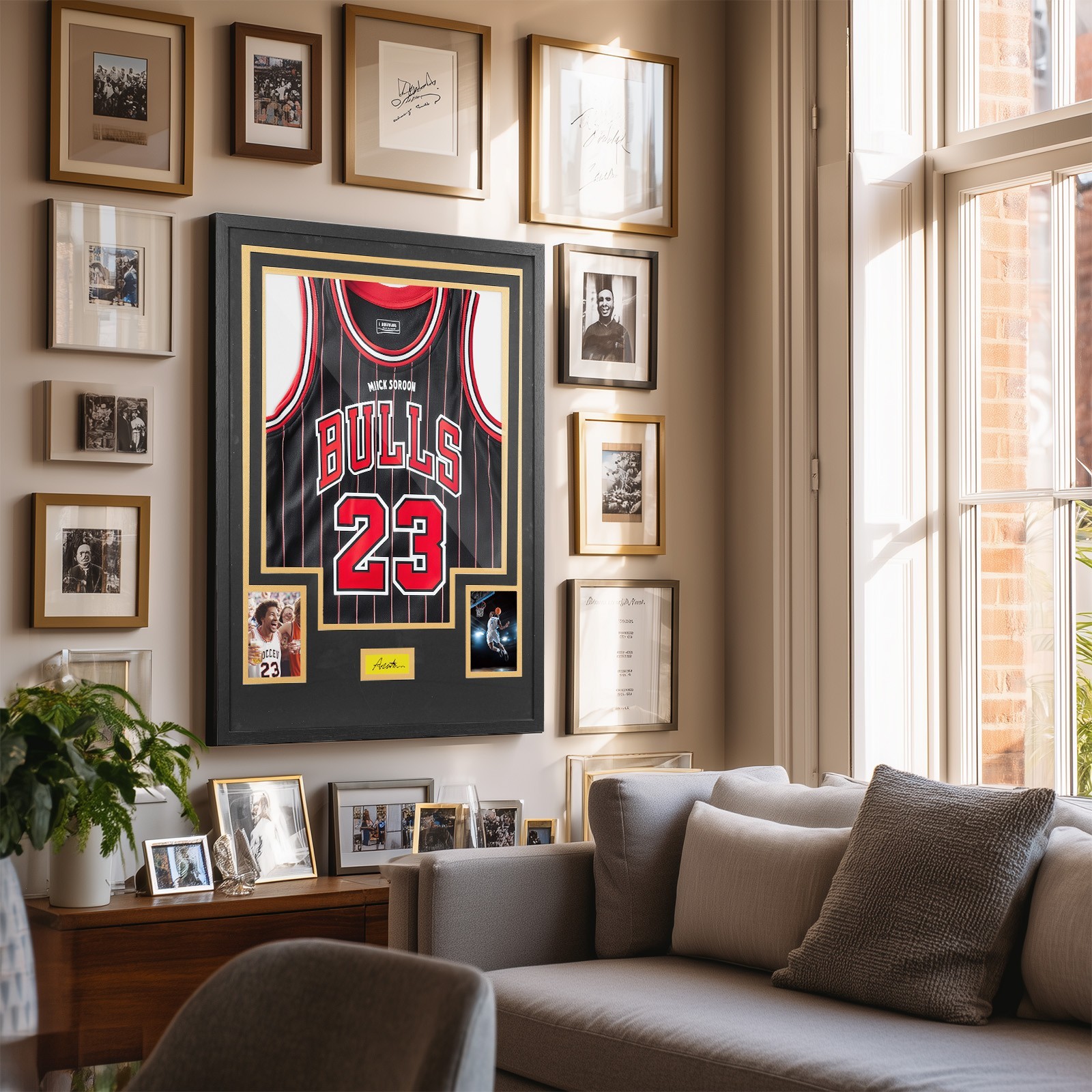 Black & Gold Jersey Display Case, Wall Mount Frame w/ Mat, Photo Slot & Hardware