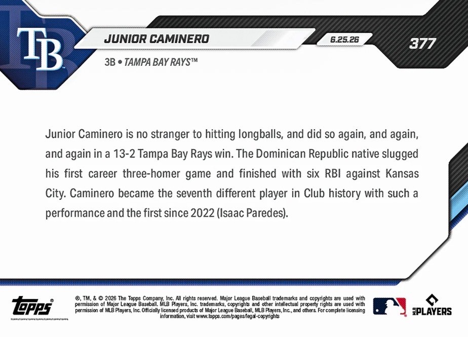 💥2026 Topps Now #377💥JUNIOR CAMINERO 3 Homer Game – Presale Tampa Bay Rays