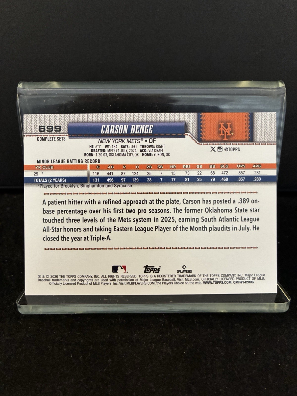 2026 Topps Baseball Complete Set Carson Benge Rookie RC Short Print #699 Mets