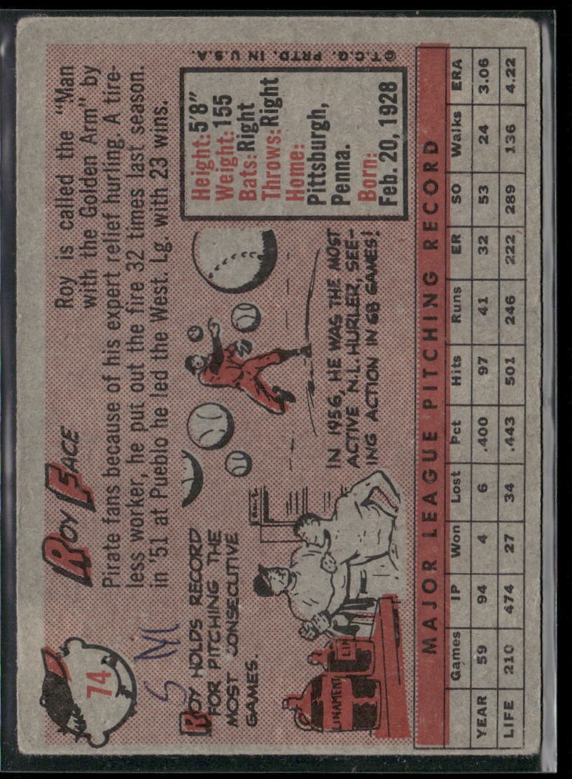 1958 Topps #74 Roy Face GD/VG