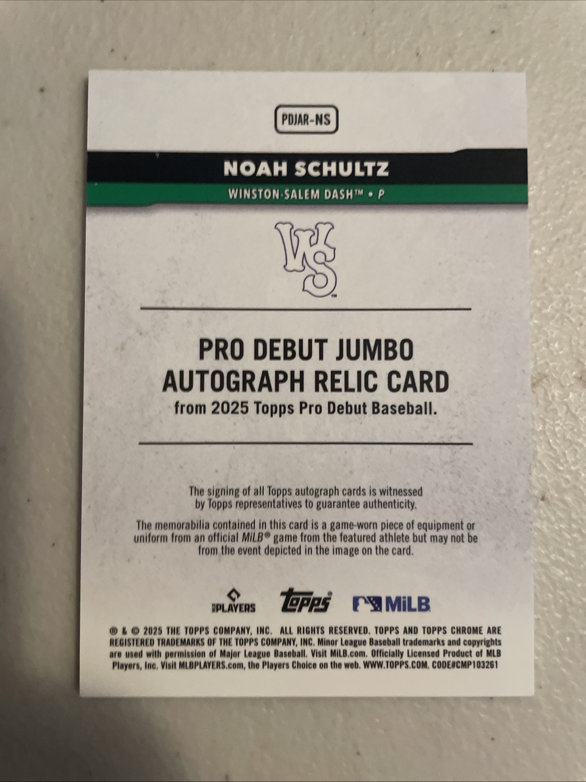 2025 Topps Pro Debut Chrome Jumbo Relic Auto Noah Schultz #PDJAR-NS Gold /50