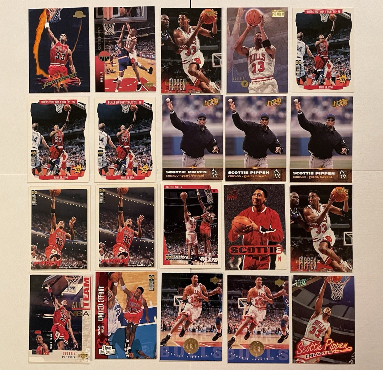 Scottie Pippen 20 Card Lot, Various Years and Sets, Inserts and Base, Bulls HOF