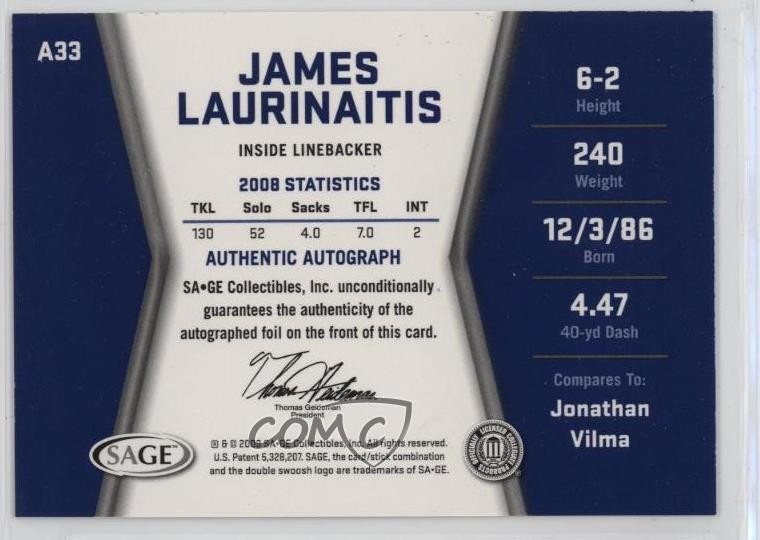 2009 SAGE Hit Silver James Laurinaitis #A33 Rookie Auto RC 00jz